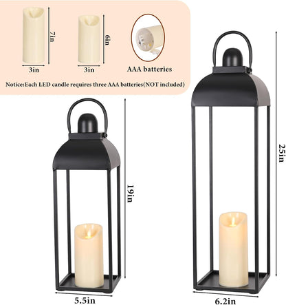 25'' 19'' Lanterns Decorative Outdoor Indoor, Black Metal Outdoor Candle Lanterns, Set of 2 Modern Farmhouse Decorative Lantern for Fireplace, Patio, Porch, Floor, Halloween Lantern (No Glass)
