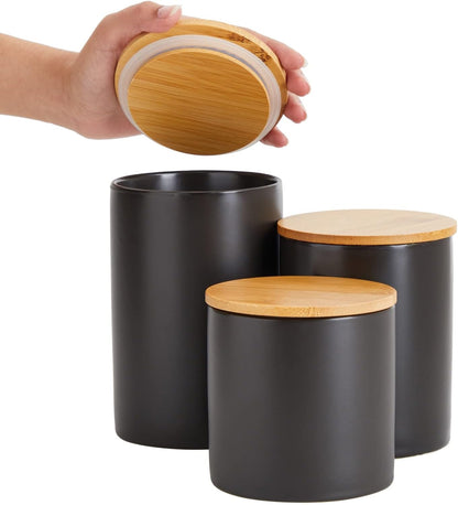 Farmlyn Creek Set of 3 Matte Black Kitchen Canister with Airtight Wooden Bamboo Lids, Kitchen Counter Containers, Food Storage Jars, Ideal for Storing Sugar, Coffee and Other Dry Goods, (3 Sizes)