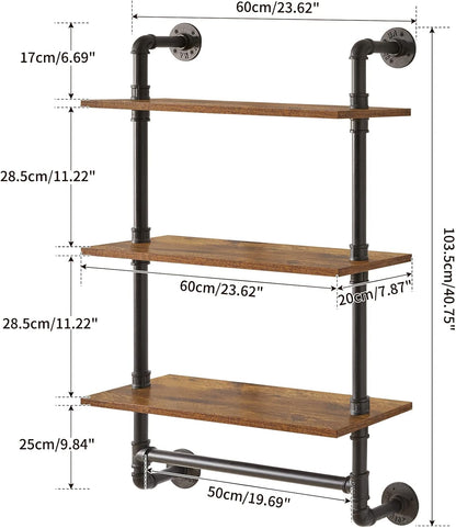 IBUYKE Industrial Pipe Shelf,40.5 inches Wall Mount Bookcase,3-Tier Wall Shelf with Towel Bar,Rustic Iron Pipe Floating Shelvesfor Bedroom,Kitchen,Living Room,Bathroom URF-TM015