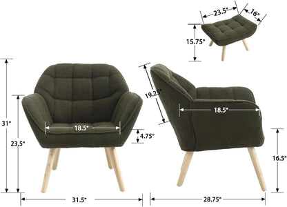 Modern Sherpa Accent Chair with Ottoman Set of 2, Fluffy Upholstered Lounge Chair with Footrest, Comfy Living Room Side Boucle Armchair for Small Space Bedroom, Green