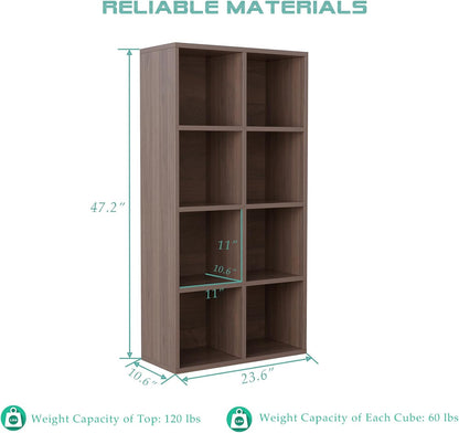 8-Cube Storage Shelf Bookcase - Wooden 4-Tier Floor Standing Open Bookshelf for Home and Office, Cuby Orgainzer, Walnut
