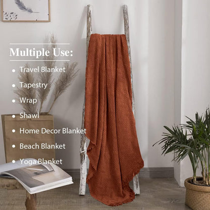 Simple&Opulence 100% Cotton Throw Blanket for Bed, Couch, Boho Luxury Geometric Woven Blanket with Tassels Soft Lightweight Cozy Breathable, Vintage Farmhouse Decoration for All-Season(Rust Orange)