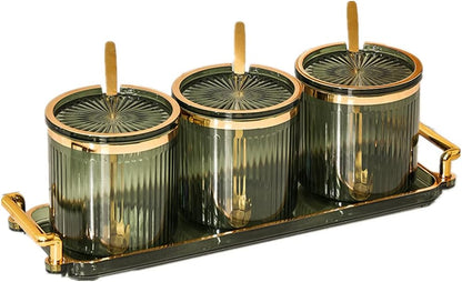 Acrylic Condiment Spice Jars,Condiment Spice Box With Lids and Spoons and Tray,Clear Plastic Condiment Canisters,Seasoning Box 3 Pack,Seasoning Box Set for Kitchen to Storage Salt,Paprika,Sugar