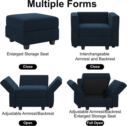 Belffin Modular Sectional Arm Accent Chair with Storage Seat Velvet Armchair Single Sofa Club Chair Blue