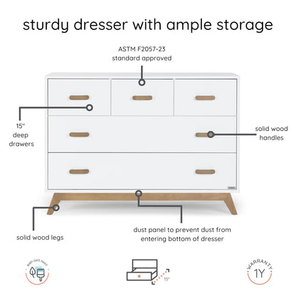 dadada Soho 5-Drawer Dresser for Nursery and Bedroom - Modern Design, Large Storage, Baby-Safe Finish, Soft Close Drawers, Anti-Tip Safety, Sturdy Legs & Solid Wood Handles, 47” Wide (White+Walnut)