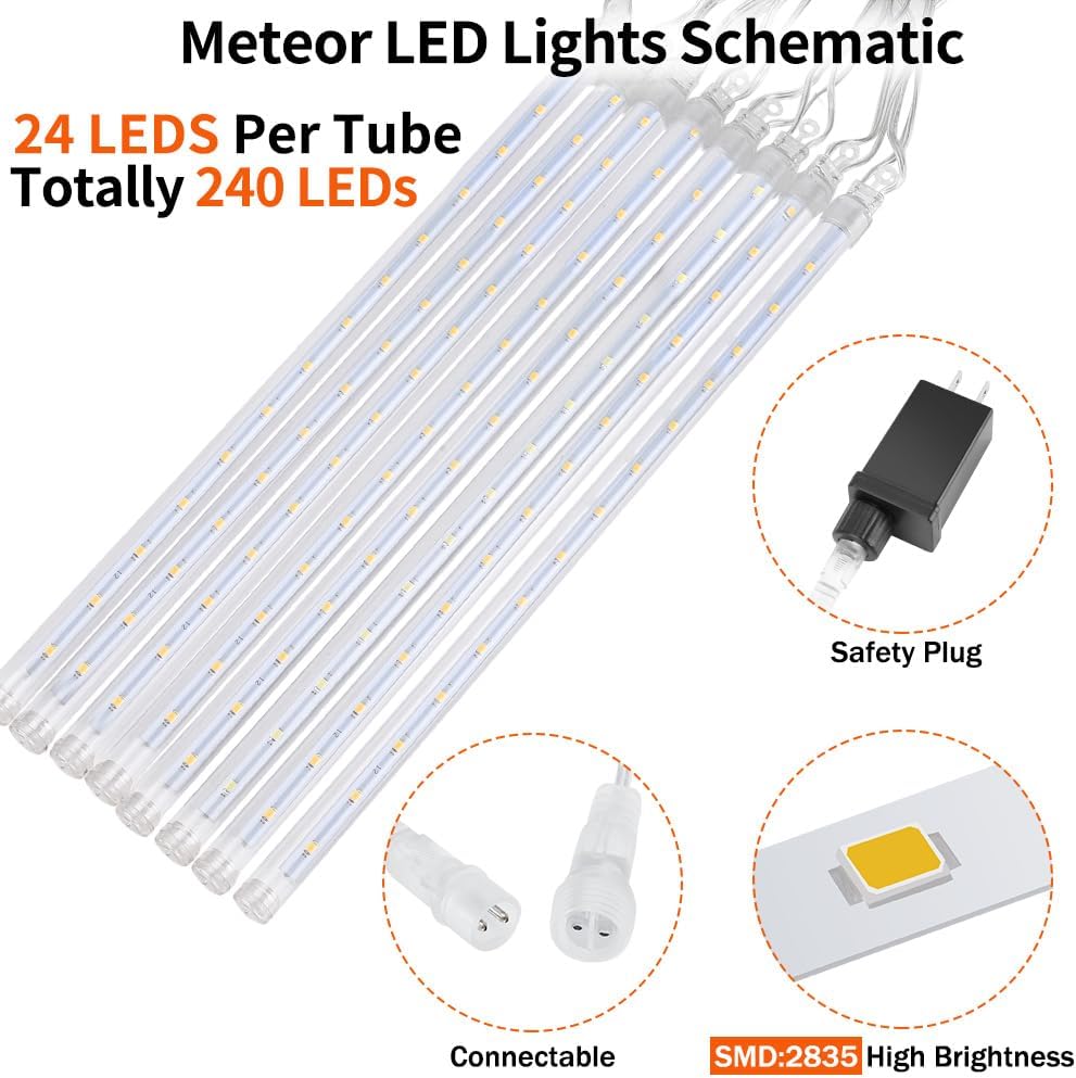 Christmas Meteor Shower Rain Lights, 10 Tube 12 Inch 240 LEDs Icicle Outdoor Raindrop for Xmas Halloween Wedding Party Tree Holiday Decoration, White