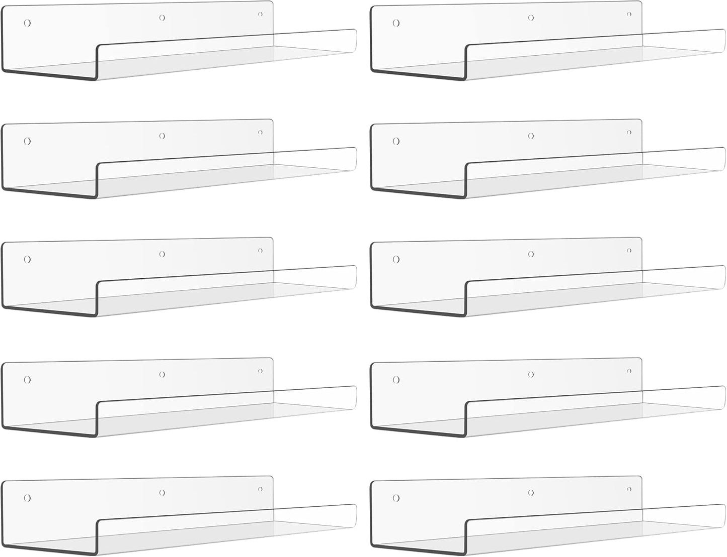 upsimples 10 Pack Acrylic Shelves Wall Organizer and Storage, 15" Display Shelf for Figure, Toy Cars, Perfume, Kids Bookshelf for Bedroom, Nursery, Craft Room, Clear