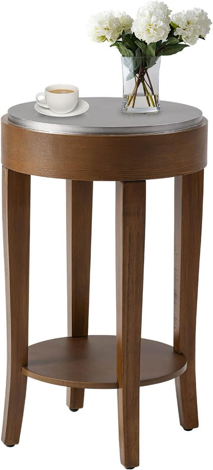 COSIEST Round End Table, 2-Tier Classic Brown Side Table, Farmhouse Wood Accent Table with Storage Shelf for Living Room, Bedroom, Office, Distressed Glaze Finish