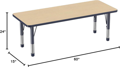 Factory Direct Partners FDP Rectangle Activity School and Classroom Kids Table (24 x 60 inch), Chunky Toddler Legs, Adjustable Height 15-24 inches - Maple Top and Navy Edge