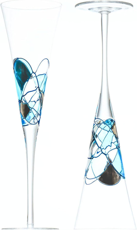 Victoria Barcelona Champagne Flute Set of 2 – 7.5 oz Mouth-Blown Turquoise Sea Glass |