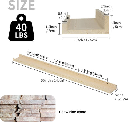 SAUMONIERES Picture Ledge Shelf Floating Book Shelves Set of 2 Wall Mounted Solid Wood for Bedroom Bathroom Living Room Kitchen, 55 Inch Natural