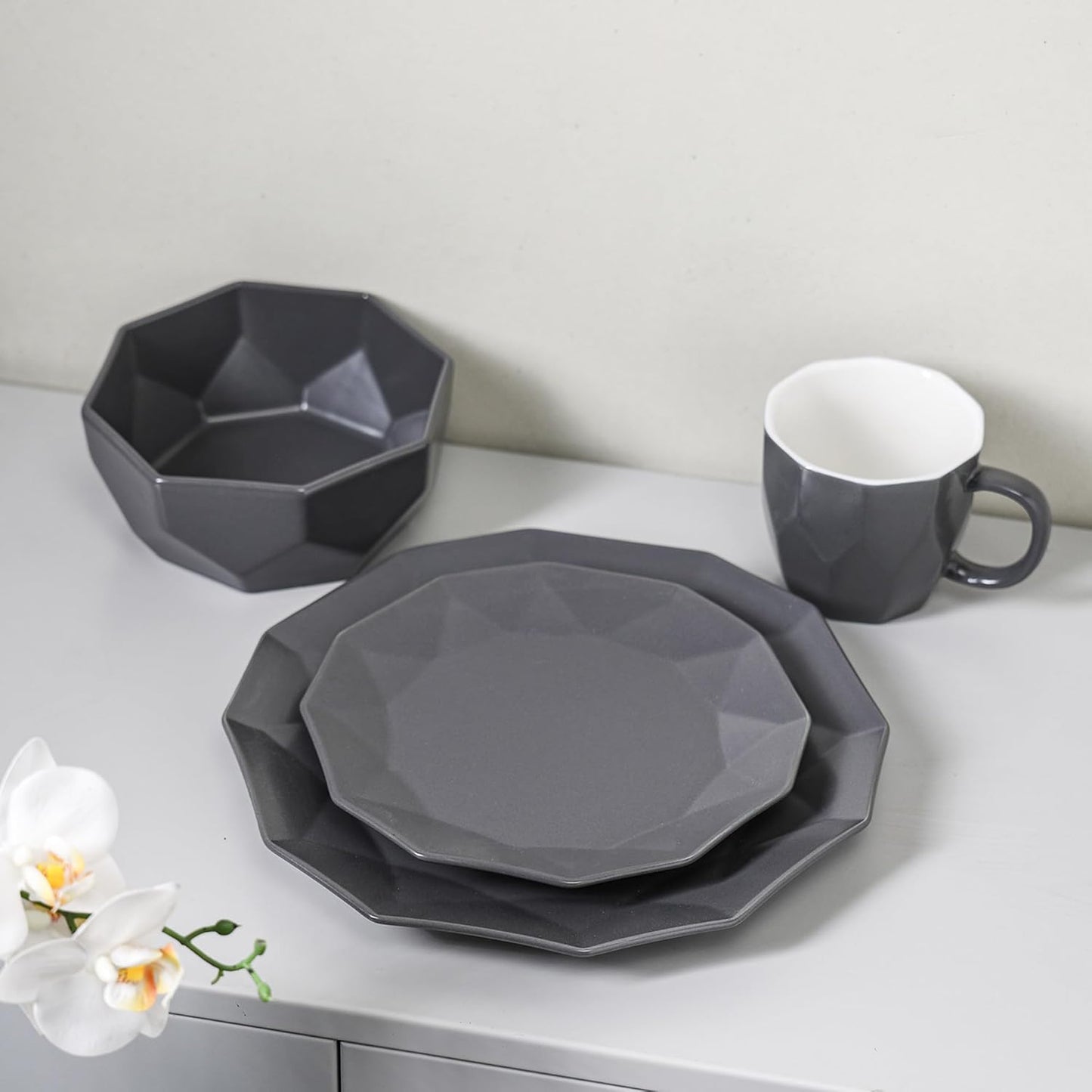 Stone + Lain Jamie Porcelain 32-Piece Geometric Dinnerware Set, Grey