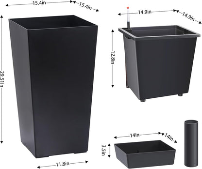 30" Tall Planters Set of 2, Outdoor＆Indoor Black Planter Pots, High Front Porch Planter Pots with Drainage Holes＆Water Level Monitor Movable Wheels ＆Inner Bucket, Automatic Watering,Black