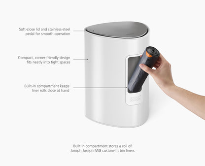 Joseph Joseph EasyStore 5L Steel Pedal Trash Can with Liner Storage Pocket, Soft-Close Lid