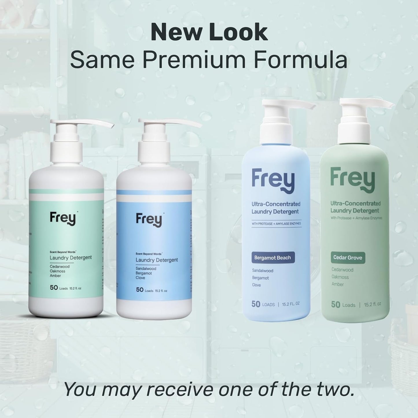 FREY Concentrated Liquid Laundry Detergent | Formulated for Sensitive Skin & HE Washers | Removes Stains Effectively | 50 Loads per Bottle (Cedar Grove & Bergamot Beach)