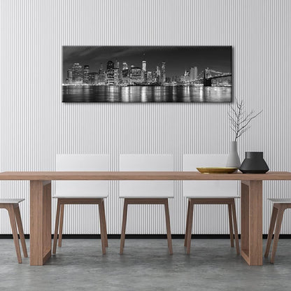 Wieco Art New York Manhattan Night View in Black and White Giclee Canvas Prints Modern Stretched and Framed Art work Cityscape Pictures Paintings on Canvas Wall Art for Bedroom Home Decorations