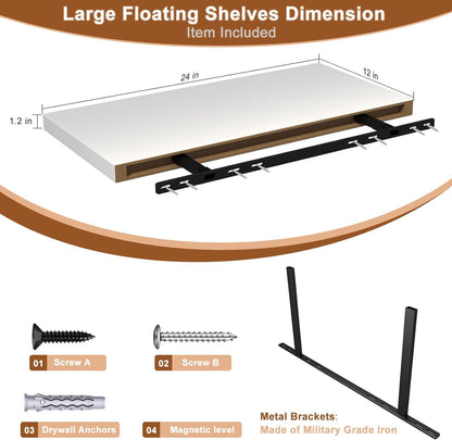 12 Inch Deep Floating Shelves for Wall 3 Pack White Floating Shelves Large Storage Space Wall Mount Shelf for Living Room Kitchen Bathroom 24" W x 12" D x 1.2" H White