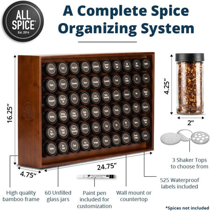 AllSpice Spice Rack Organizer, Wood, 525 Unique Labels, Countertop or Wall Mount, Includes 60 4oz Jars- Walnut Stain