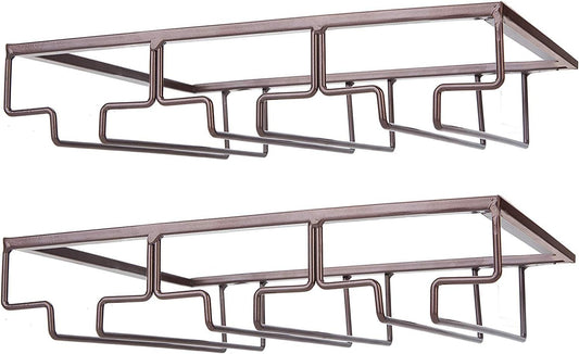 Wine Glass Rack - Under Cabinet Stemware Wine Glass Holder Glasses Storage Hanger 2 Pack Metal Organizer for Bar Kitchen Brown