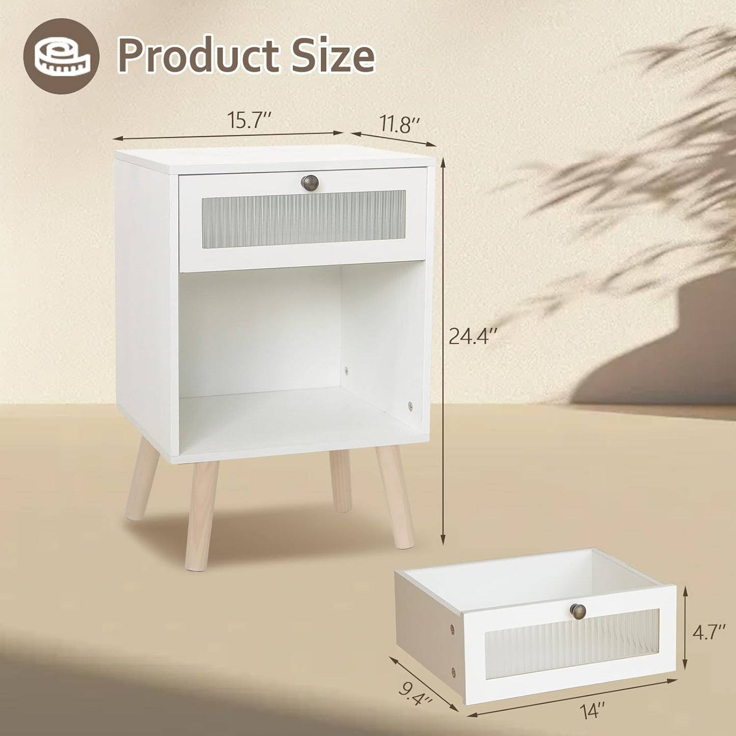 AWASEN White Night Stand, Modern Bedside Table with Glass Storage Drawer and Large Open Shelf, Wood Nightstand Side End Table with Solid Wood Legs for Bedroom, and Small Space, White