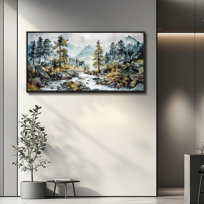 PHAOHUAXM Large Canvas Printing Artworks Wall Art For Bedroom Wall Decor For Living Room Office Home Decor Rivulet View Painting Forest Tree Landscape Watercolour Pictures Black Framed 30x60 In