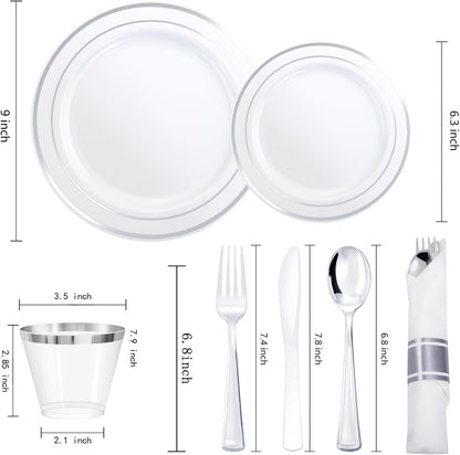 350Piece Silver Plastic Dinnerware Set for 50 Guests - Silver Plastic Plates with Cutlery Include:50Dinner Plates-50Dessert Plates-50Pre Rolled Napkins with Silverware