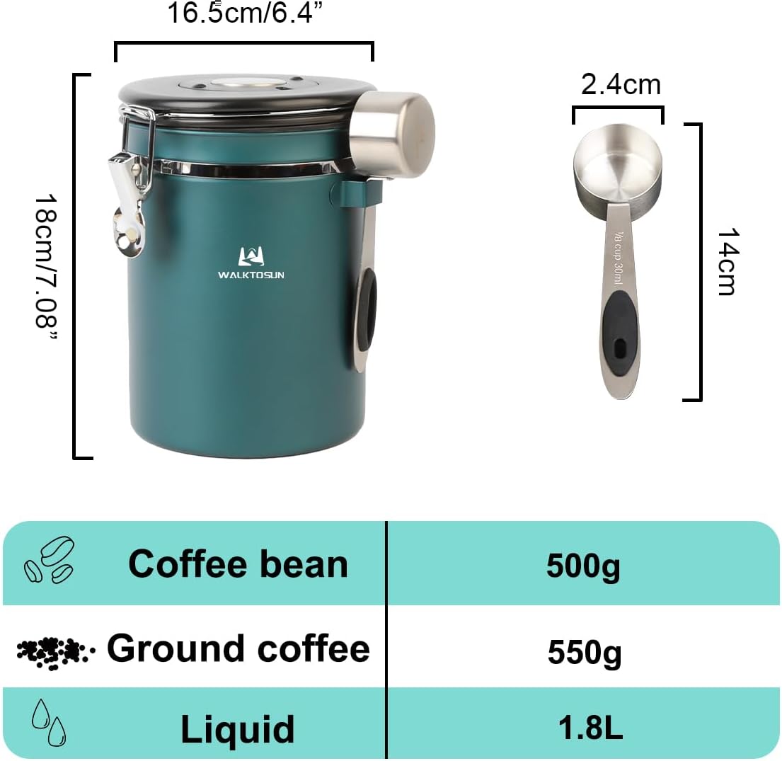 Coffee Canister Airtight Storage Container Stainless Steel Air Tight Coffee Jar with Scoop, Date Tracker CO2 Release Valve for Dry Food, Beans, Ground, Tea, Flour, Cereal and Sugar (1.8L,Green,2Pcs)