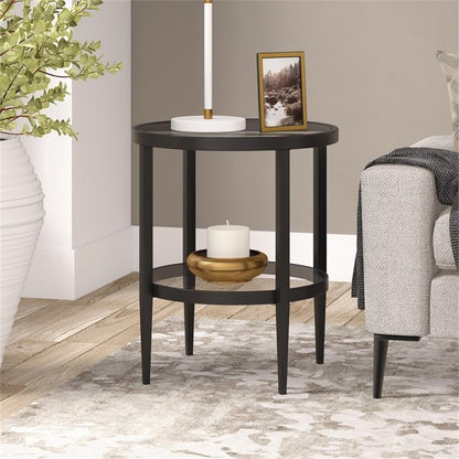 Henn&Hart 20" Wide Round Side Table with Glass Shelf in Blackened Bronze, Table for Living Room, Bedroom