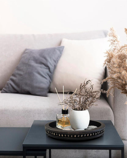 12 Inches Rustic Wooden Decorative Tray, Small Round Beaded Wood Tray for Kitchen Dinning Table Centerpiece Decor Entryway Living Room Home Decor, Black