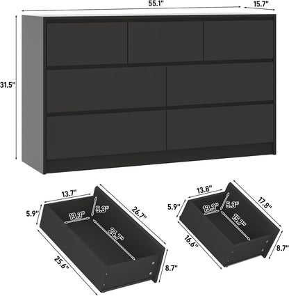 Black Malm Dresser for Bedroom, 55 Inch Long High Gloss Dresser with 7 Drawers, Modern Large Wood Chest of Drawer Handle Free, Living Room, Entryway, Hallway, Black