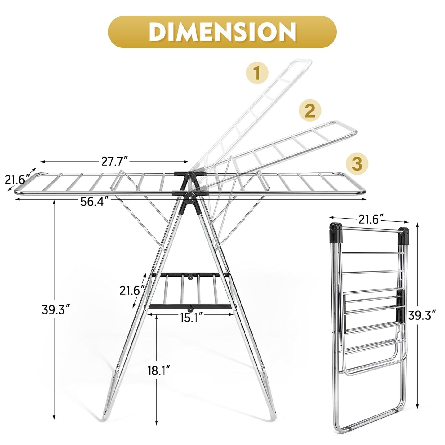 APEXCHASER Clothes Drying Rack, Drying Rack Clothing with Height-Adjustable, Foldable Gullwings Laundry Rack, Indoor Outdoor Use, No Assembly,Black