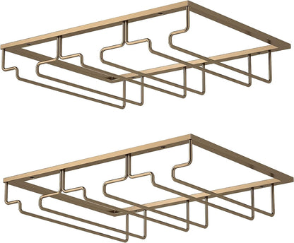 Wine Glass Rack - Under Cabinet Stemware Wine Glass Holder Glasses Storage Hanger 2 Pack Metal Organizer for Bar Kitchen Gold