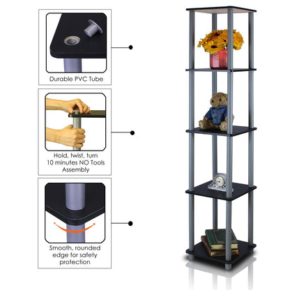 FURINNO Turn-N-Tube 5-Tier Corner Square Rack Display Shelf, Round, Black/Grey