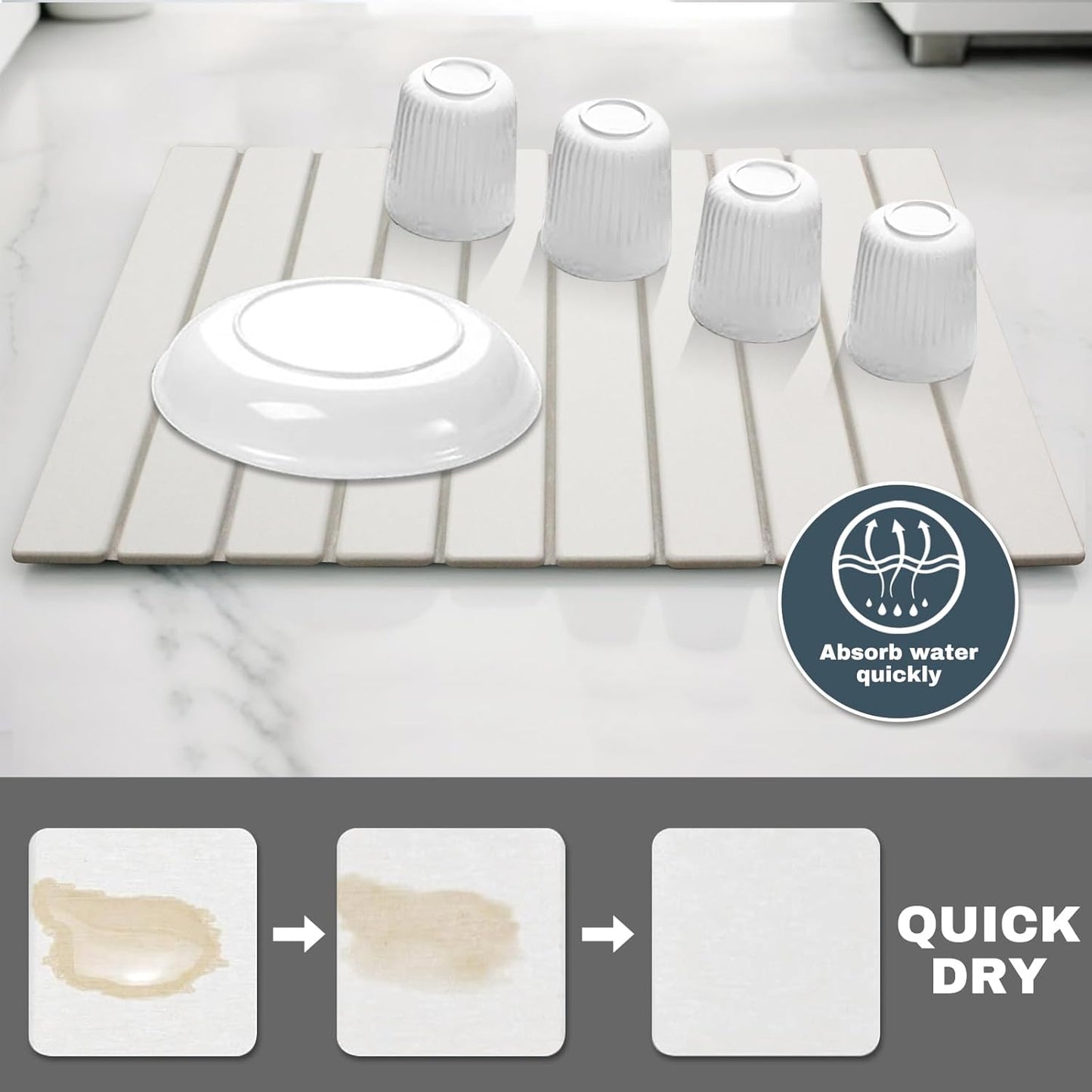 Large Stone Dish Drying Mats for Kitchen Counter, Quick Dry Absorbent Collapsible Dish Drying Mat,Diatomaceous Earth Mats for Dishes Bottles Cups,Match Any Countertop,White 24 * 16inch
