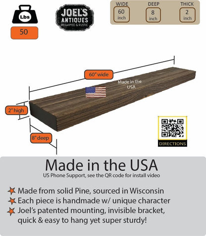 joelsantiques 60 Inch Wooden Floating Shelves for Wall - 60x8x2 in - Made of Natural Wood - Long Heavy Duty Rustic Wall Shelves for Bedroom - Perfect for Living Room, Kitchen - Medium Brown