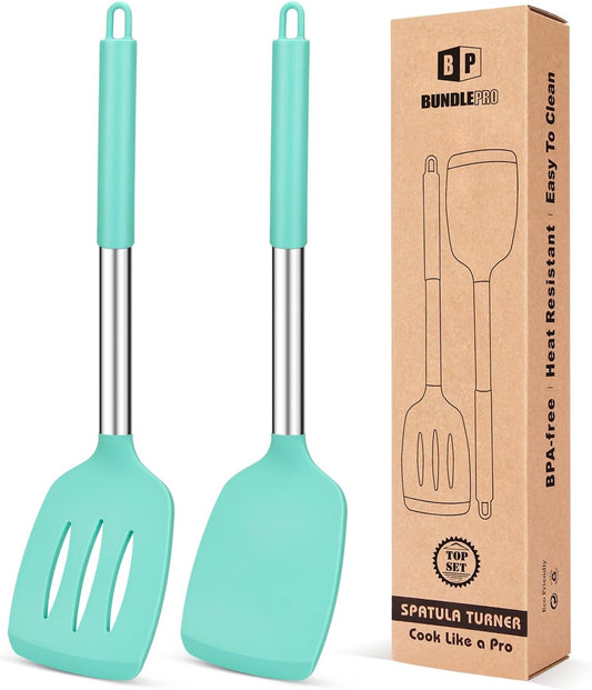 Pack of 2 Silicone Solid Turner, Non Stick Slotted Kitchen Spatulas, High Heat Resistant BPA Free