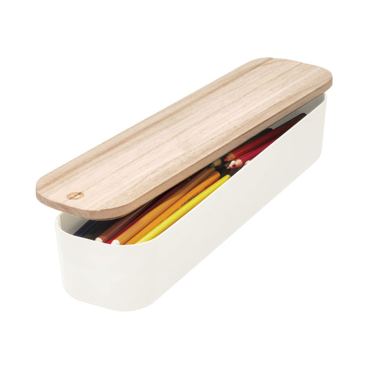 iDesign Recycled Plastic Storage Compact Drawer Organizer Bin with Paulownia Wood Lid, 3.6" x 14.4"
