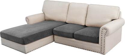 H.VERSAILTEX Velvet Stretch Sectional Couch Covers, 3 Pieces, L-Shaped with Separate Cushions - For Both Left/Right Couch Types (Large Sofa 2 Seater + Chaise, Grey Striped)