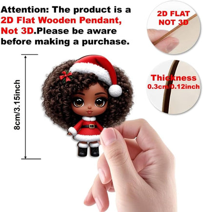 16pcs African American Black Chibi Girl Ornaments - Xmas/Christmas Wooden Decor, Gift Boxed for New Year/Carnival | Home/Window/Tree/Office/Classroom/Wine Bottle Party Deco, Black Heritage Pendants