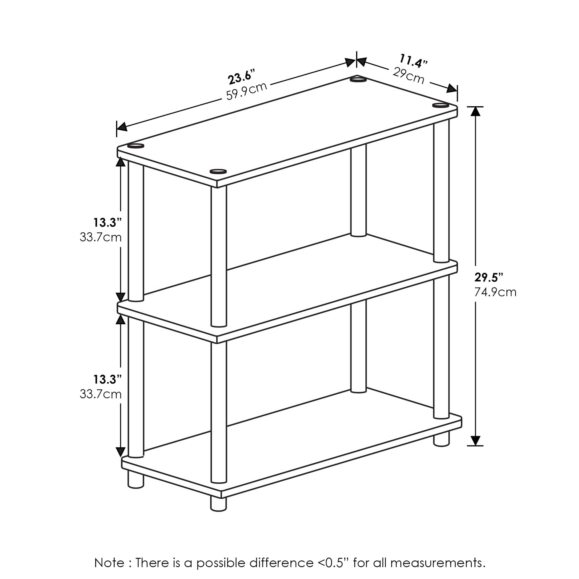Furinno TURN-N-TUBE Storage Shelves, 3-Tier Book Shelf, Corner Shelf, Toolless Open Shelves, for