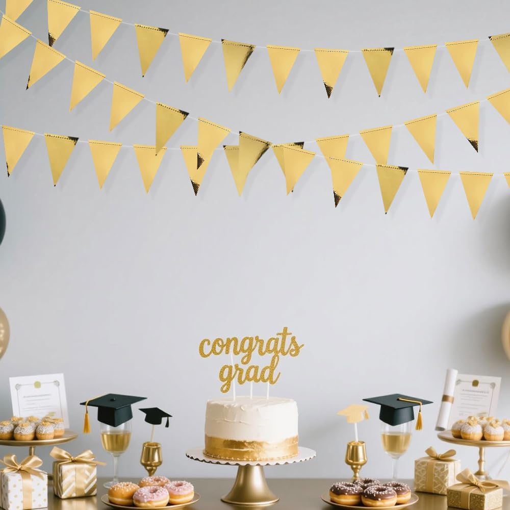 40Ft Gold Party Decoration Triangle Flag Banner Double Sided Metallic Paper Pennant Bunting Garland for Graduation Wedding Bridal Shower Birthday Bachelorette Engagement Anniversary Hen Party Supplies