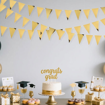 40Ft Gold Party Decoration Triangle Flag Banner Double Sided Metallic Paper Pennant Bunting Garland for Graduation Wedding Bridal Shower Birthday Bachelorette Engagement Anniversary Hen Party Supplies