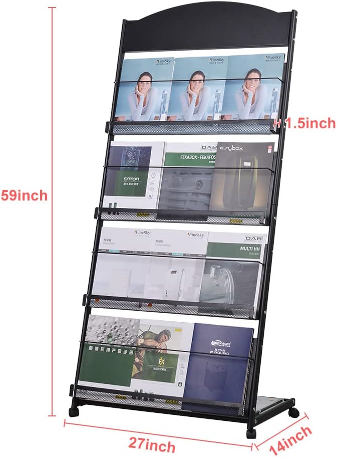 floor magazine rack brochure display stand for offices and public reception area，literature rack with 4 Universal wheels (59"×27"×14")