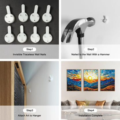 Mountains Framed Canvas Wall Art Set, Modern Abstract Art Painting, Irregular Square Ridge Wall Decor, Sunrise Art Print for Living Room, Bathroom, Bedroom, Office - 16"x24"x3