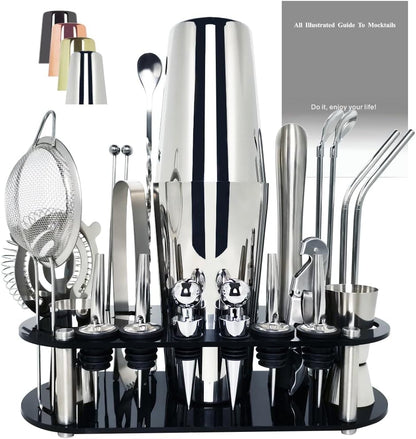 22-Piece Cocktail Shaker Set, 25/20oz Bartender Kit, Bartending Stainless Steel Bar Tools Sets for Drink Mixing, Boston Cocktail Shakers with Stand Recipes Booklet (Siver 25-20oz)