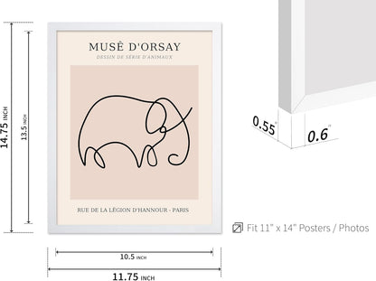 Poster Master Vintage Poster - Retro One Line Elephant Drawing Print - Elephant Art - Minimal Gift for Men, Women, Animal Lover - Abstract Wall Decor for Home, Office, 11x14 White Framed