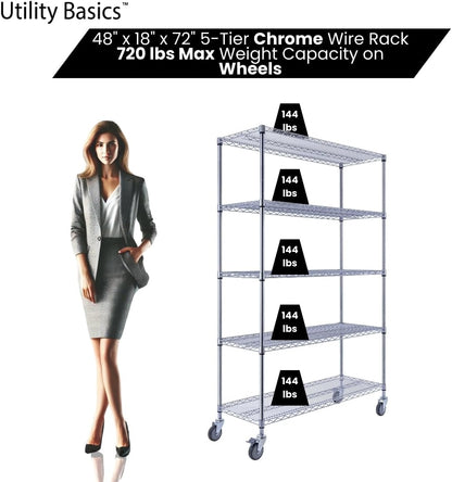 48"x18"x72" Chrome 5-Tier PREMIUM Wire Shelving NSF 4000 LBS MAX CAPACITY Heavy Duty Steel Storage Rack for Warehouses, Garages, Hospitals, Commercial Spaces, & Schools w/PREMIUM WHEELS