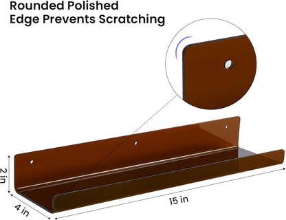 upsimples Acrylic Shelves for Wall Decor, 15" Display Shelf Perfume Organizer for Bathroom, Bedroom, Living Room, Floating Bookshelves for Kids, Clear Brown, 4 Pack