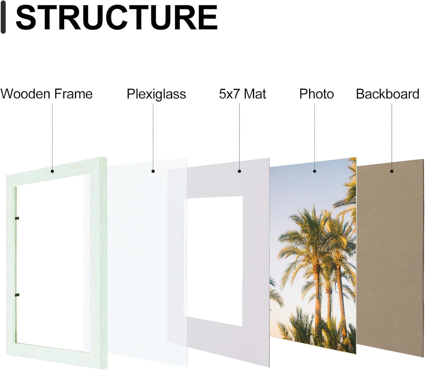 Vittanly 8x10 Picture Frames Set of 9, Shatter Resistant Plexiglass, Display 5x7 Pictures with Mat or 8x10 without Mat, Photo Frames for Wall or Tabletop, Engineered Wood, Vintage Green