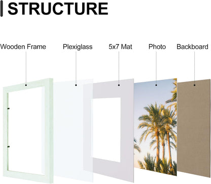 Vittanly 8x10 Picture Frames Set of 9, Shatter Resistant Plexiglass, Display 5x7 Pictures with Mat or 8x10 without Mat, Photo Frames for Wall or Tabletop, Engineered Wood, Vintage Green